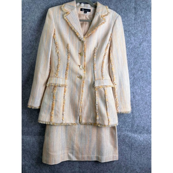 Harry Levine Yellow Gray Tweed Skirt Suit Blazer & Skirt‎ Set Sz 10 Vintage 90s - Picture 1 of 14